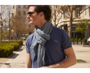 Bexley | Blue Sky Triangles Patterned Blue Cotton Linen Scarf Blue With Blue Sky Triangles