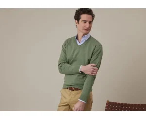 Bexley | Lime Green Melange Cotton/Cashmere Thin V-Neck Jumper Valton Sage Green Melange