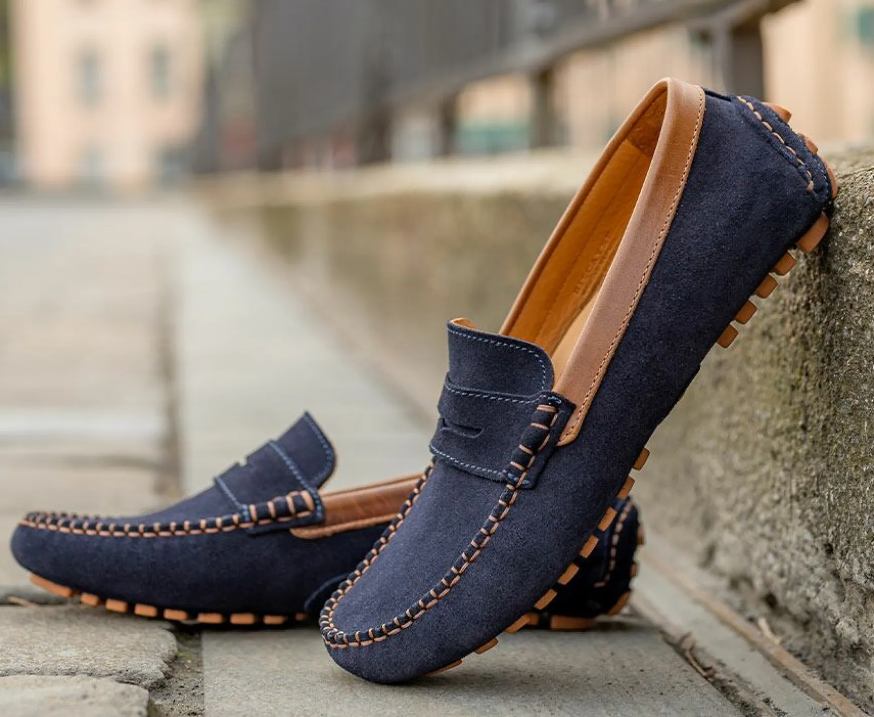 Bexley Moccasins | Men'S Driving Moccasins Biscayne Navy Suede And Chestnut