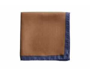 Bexley | Mulberry Silk Pocket Square Camel And Navy Border