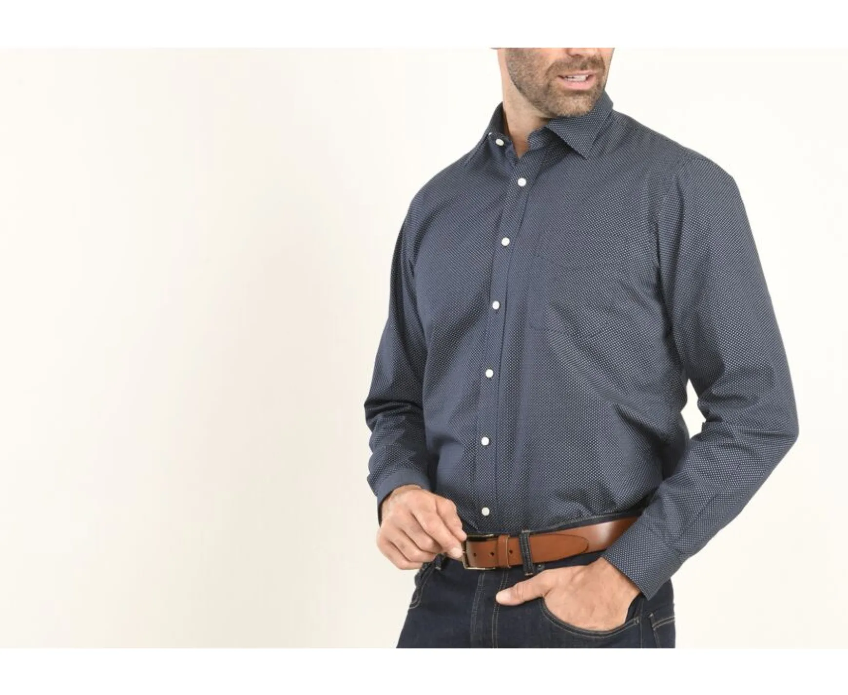 Bexley | Navy Printed Cotton Shirt With Beige Prints Alberic Navy And Beige