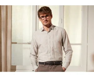 Bexley | Taupe And White Striped Cotton Linen Shirt Edibert Chocolate And White