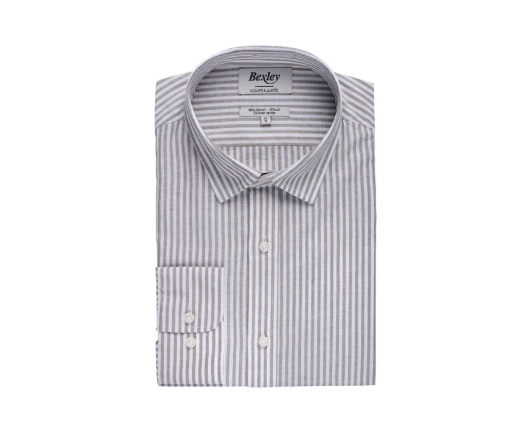 Bexley | Taupe And White Striped Cotton Linen Shirt Edibert Chocolate And White