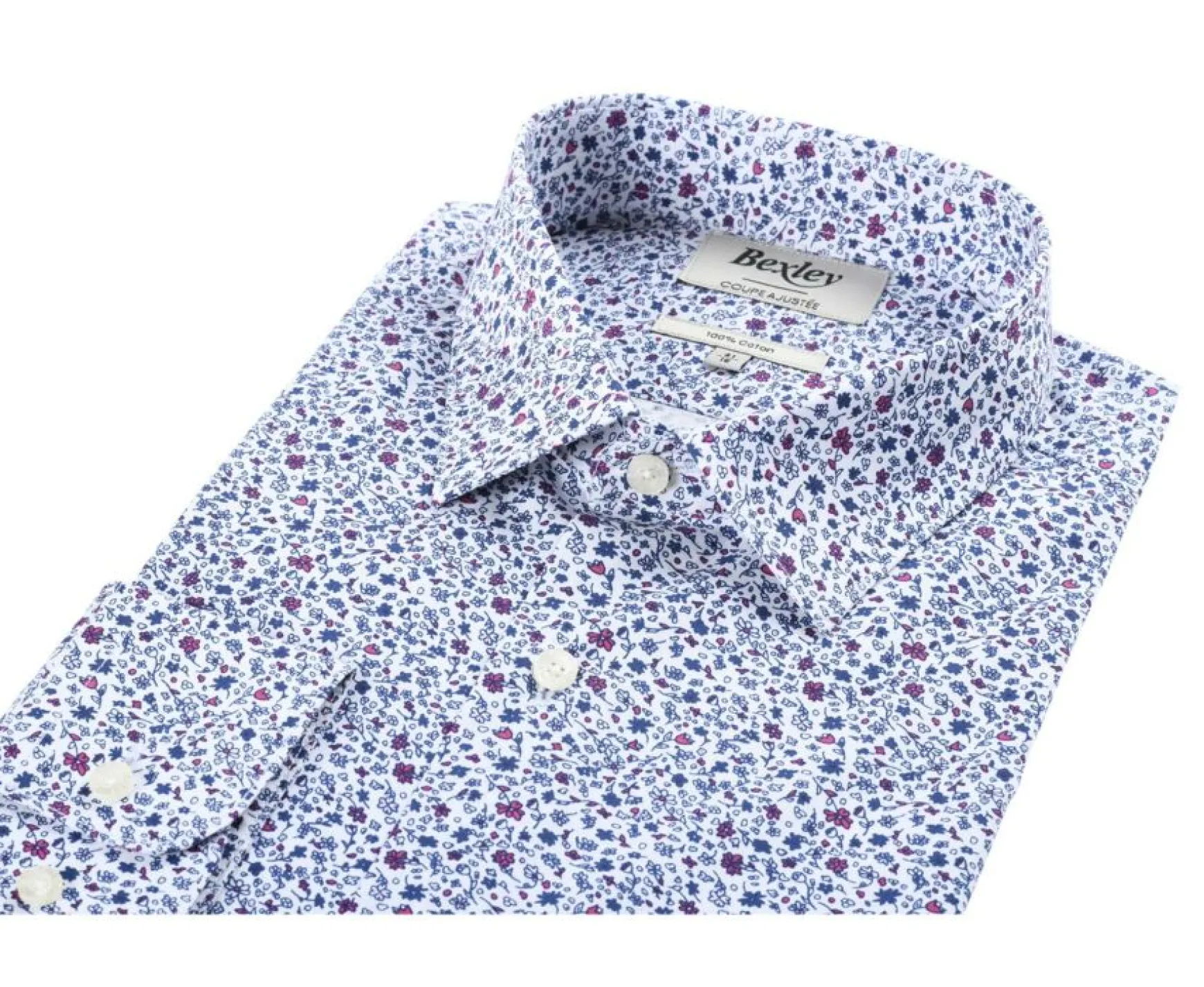 Bexley | White Cotton Shirt Printed Flowers Theobert Blue And Pink